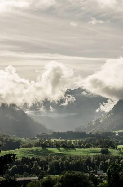 Verticaal beeld van heuvels bedekt met bossen en mist onder het zonlicht en een bewolkte hemel — Stockfoto