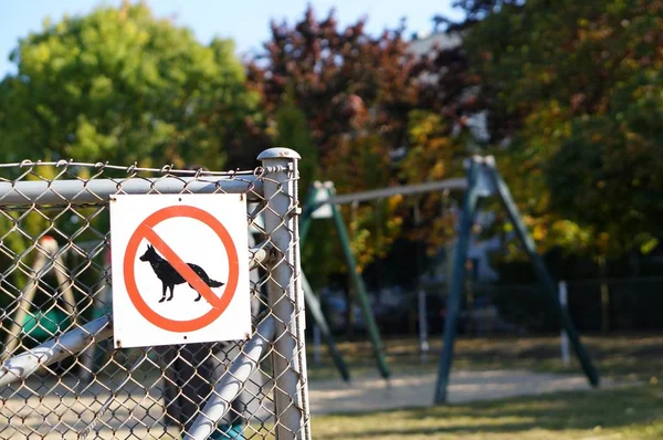 Geen bordje op hekken omgeven door schommels en groen in een park — Stockfoto