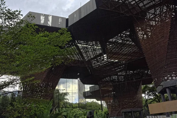 Amplo ângulo de tiro de um edifício cercado por árvores durante o dia — Fotografia de Stock