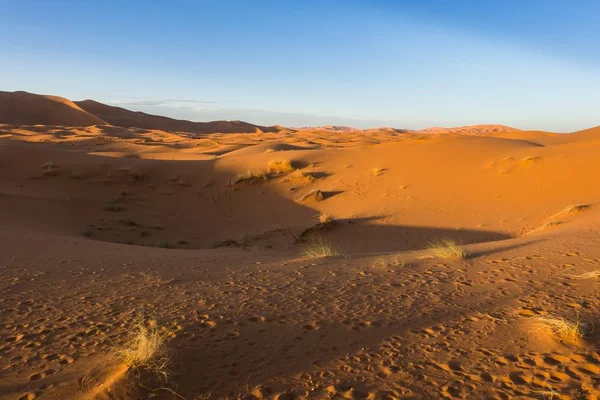 Sahara Woestijn Tijdens Zonsondergang Erg Chebbi Merzouga Marokko — Stockfoto