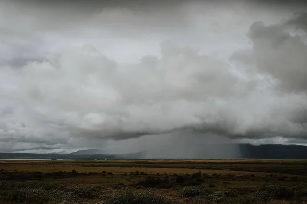 冰岛雪白蓬松的云彩下 一片美丽的绿草地 — 图库照片