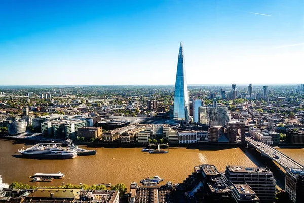 Aerial View Ships Boats River City High Buildings Sunny Day — Stock Photo, Image