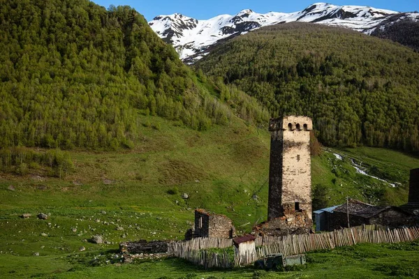 Una Antigua Torre Histórico Pueblo Ushguli Georgia — Foto de Stock