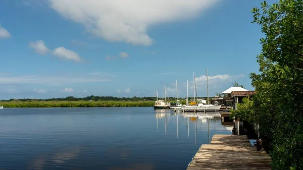 Hermosa Vista Los Barcos Lago Tranquilo Cerca Orilla Llena Árboles — Foto de Stock