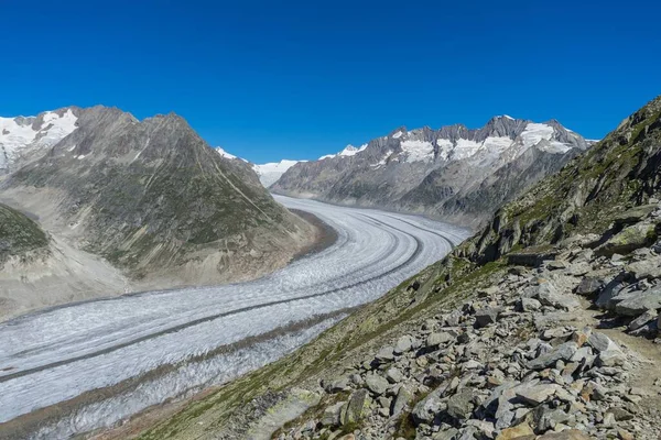 瑞士瓦莱地区Aletsch冰川石山附近的一条弯曲小径 — 图库照片