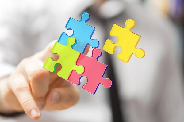 Multicolored Pieces Jigsaw Puzzle Person Fingers — Stock Photo, Image