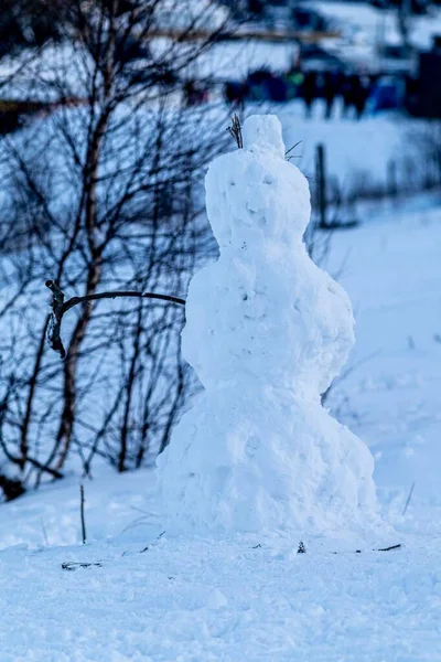 Disparo Vertical Cuatro Bolas Nieve Apiladas Durante Invierno Con Fondo —  Fotos de Stock