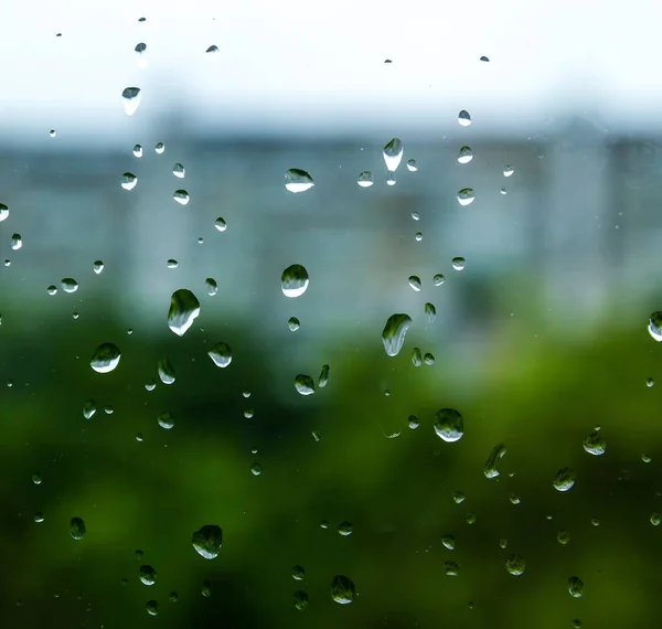 春の雨の日には窓の上に雨が降り 背景は青みがかった — ストック写真
