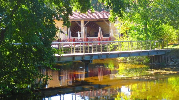 Uma Ponte Sobre Lago Parque Com Deck Jantar Fundo — Fotografia de Stock