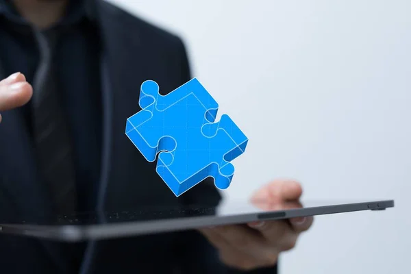 Virtual Projection Blue Piece Puzzle Tablet Person Hands — Stock Photo, Image
