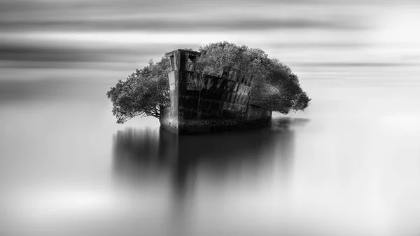 Grayscale Shot Abandoned Area Open Sea — Stock Photo, Image