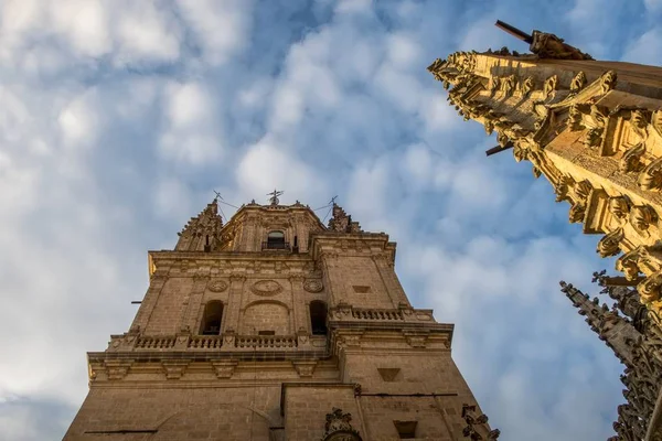Salamanca 'nın gotik katedralinin gökyüzü bulutlu saat kulesinin alçak açılı görüntüsü — Stok fotoğraf