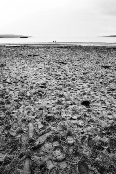 Vertical closeup greyscale shot of the human traces on the sand in the beach — Stock Photo, Image