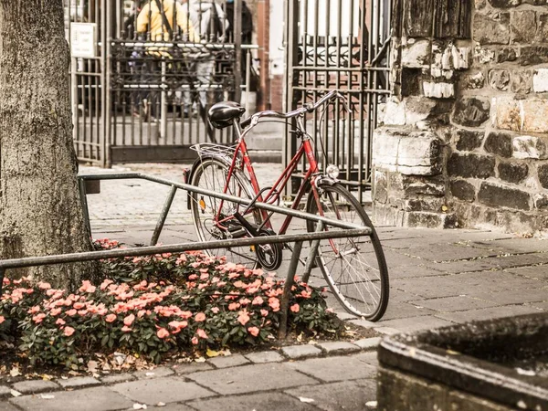 Tiro Ângulo Largo Uma Bicicleta Lado Pólo Metálico — Fotografia de Stock