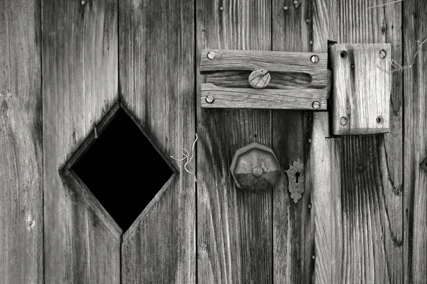 Greyscale Closeup Doorknob Lock Old Wooden Door Sunlight — Stock Photo, Image