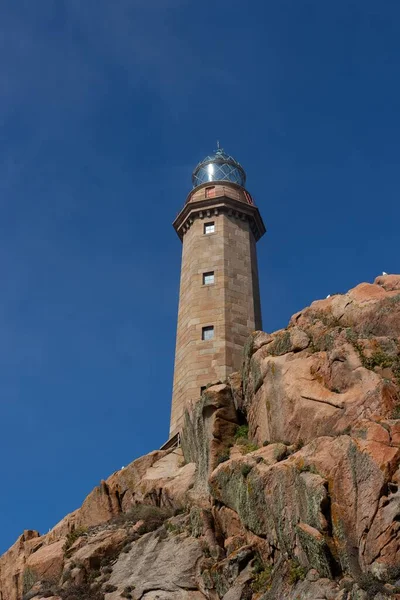 Vertical Picture Lighthouse Cabo Vilan Rocks Sunlight Spain — Stock Photo, Image