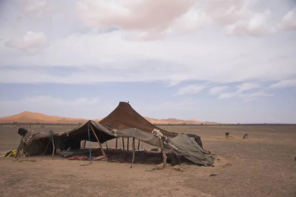 Weitwinkelaufnahme Eines Zeltes Der Wüste Aus Holzteilen — Stockfoto