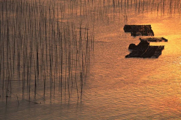 Die Silhouette Der Holzbretter Ozean Bei Sonnenuntergang Xia China — Stockfoto