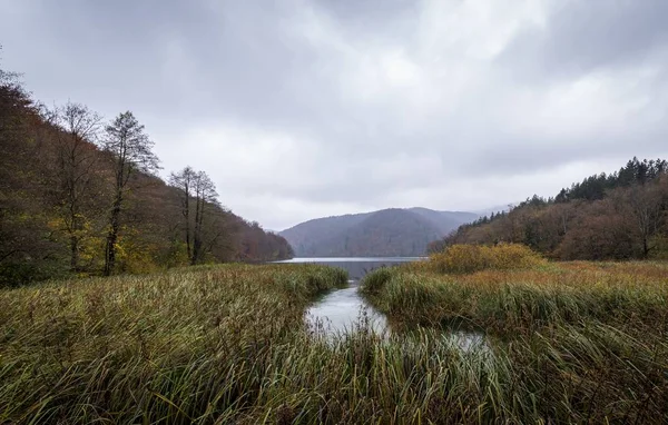 Krásný Záběr Jezero Hory Národním Parku Plitvická Jezera Chorvatsku Kalnou — Stock fotografie