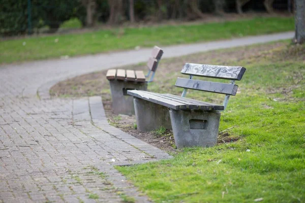 Bred Vinkel Skott Två Bänkar Bredvid Varandra Park — Stockfoto