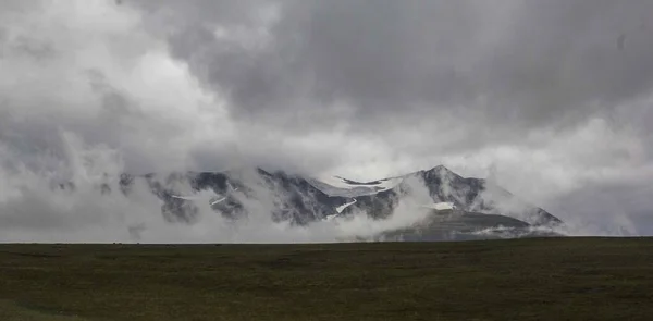Una Vista Impresionante Campo Hierba Una Cordillera Rodeada Nubes Niebla — Foto de Stock