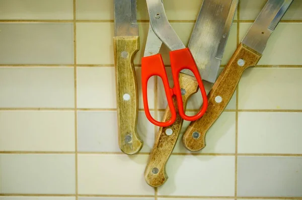 High Angle Shot Scissors Put Three Knives — Stock Photo, Image