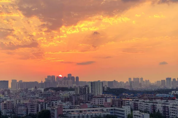 Aerial Shot City Buildings Orange Sky Sunset — Stock Photo, Image