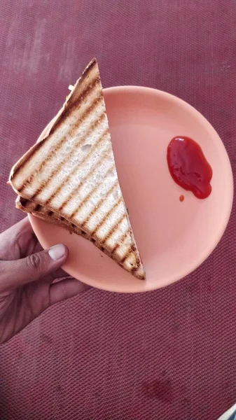 Vertical High Angle Shot Person Holding Plate Sandwich Ketchup — Stock Photo, Image