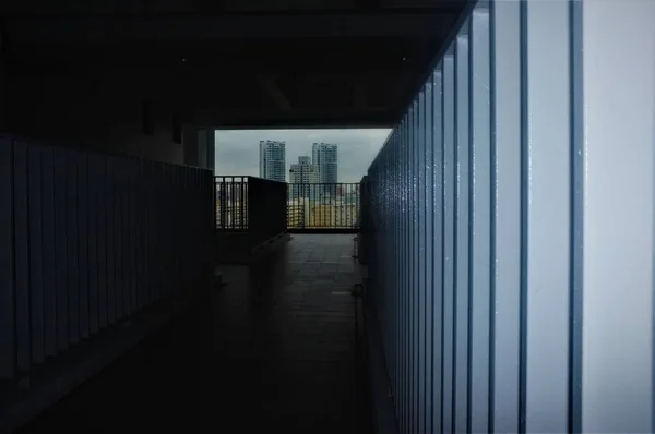 Three Large Skyscrapers Seen Tunnel Made Metal Walls Frames — Stock Photo, Image