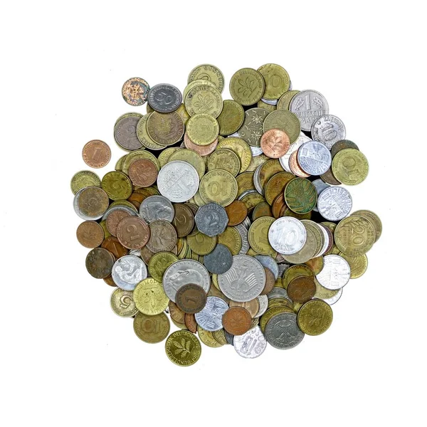 Foto Gran Angular Muchas Monedas Francesas Aisladas Sobre Fondo Blanco — Foto de Stock
