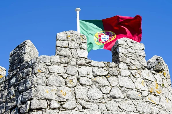 Low Angle Shot Stone Wall Portugal Flag Clear Blue Sky — Stock Photo, Image