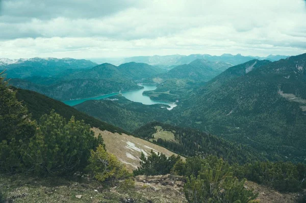 Angolo Alto Scatto Bellissimo Paesaggio Montano Con Alberi Verdi Lago — Foto Stock