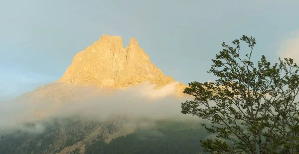 Una Montagna Rocciosa Con Albero Nebbia Valle Ossau — Foto Stock