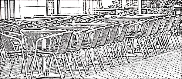 A black and white drawing of chairs in the outdoor cafe