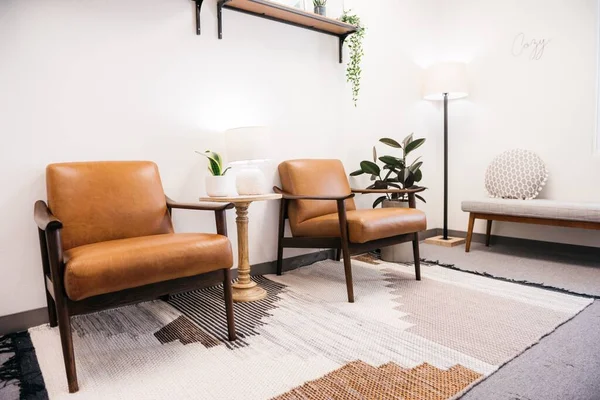 Brown chairs with lamps and house plants with decorations on a white wall in the living room