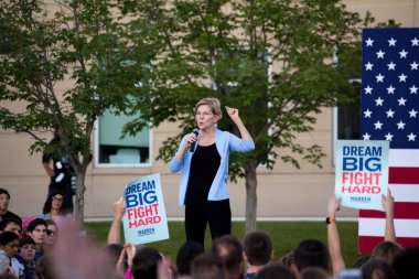 ST PAUL, UNITED STATES - Aug 19, 2019: Elizabeth Warren holds rally at Macalester College promoting her presidential campaign clipart
