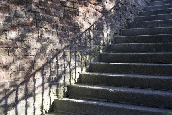 街の公園に手すりの影があるレンガの階段 — ストック写真