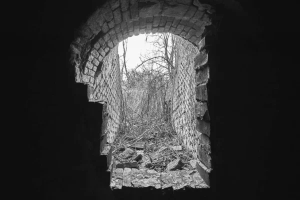 Grayscale Shot Narrow Tunnel Daytime — Stock Photo, Image