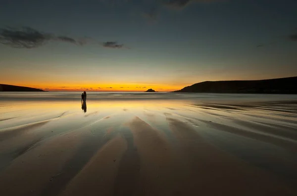 Beautiful Scenery Seashore Cornwall Orange Blue Sky Sunset — Stockfoto