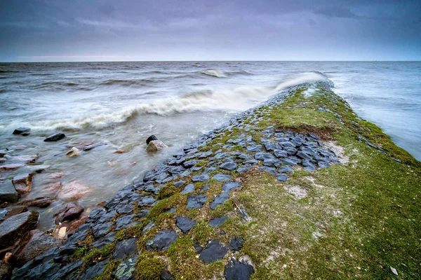 Landscape Sea Surrounded Rocks Covered Mosses Cloudy Sky Evening – stockfoto