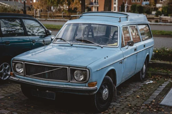 Old Sky Blue Car Parked Street — Stock Photo, Image
