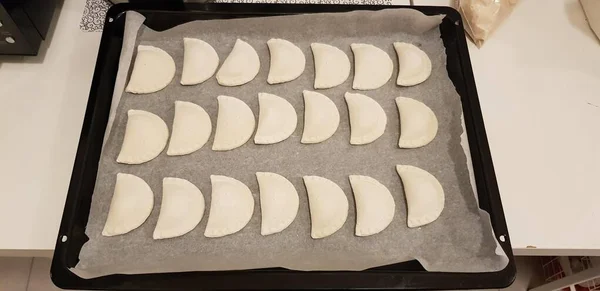 Beautiful Shot Crescent Shaped Biscuits Metal Pan Table — Stock Photo, Image