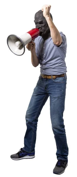 Мужчина Чёрной Маске Разговаривает Мегафоном Показывая Знак Силы Кулаком — стоковое фото