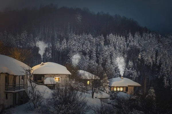 High Angle View Illuminated Houses Vrata Village Rhodope Mountain Bulgaria — Stock Photo, Image