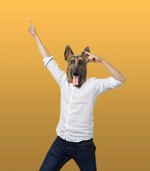 Macho Uma Máscara Cachorro Expressando Felicidade Com Gestos Mão — Fotografia de Stock