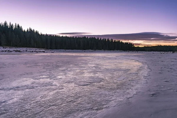 Lac Smolyan Gelé Près Forêt Dans Les Rhodopes Bulgarie — Photo