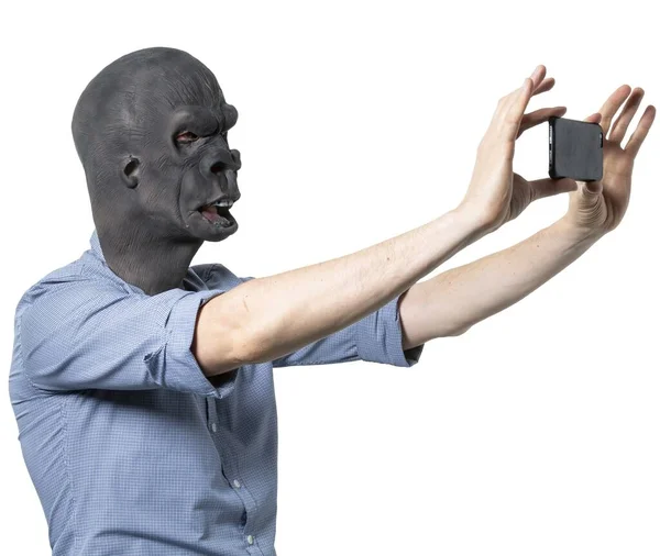 Ein Mann Schwarzer Wütender Maske Macht Ein Selfie Mit Einem — Stockfoto