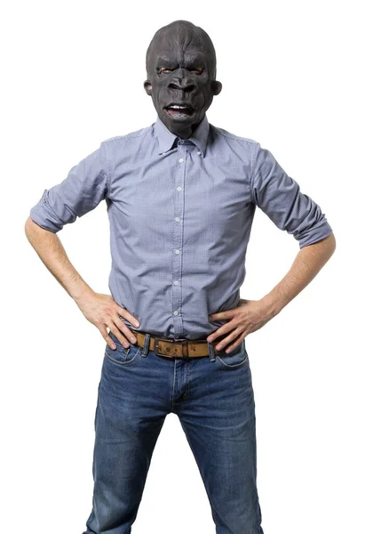一只披着黑色愤怒面具的雄性手紧握腰部的垂直镜头 — 图库照片