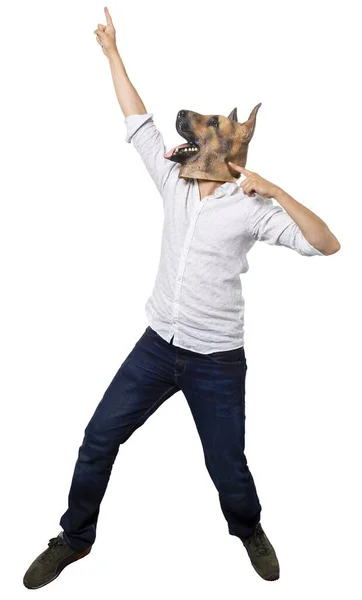 Een Verticaal Schot Van Een Man Een Hond Masker Uitdrukken — Stockfoto