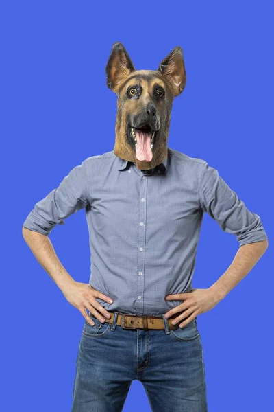 Een Verticaal Schot Van Een Man Een Hondenmasker Die Handen — Stockfoto
